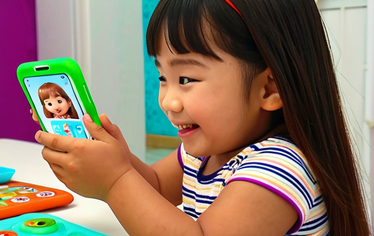 **A young Thai child happily interacting with the Cocomelon app on a mobile phone. The scene is safe and educational, emphasizing colorful visuals and learning.**